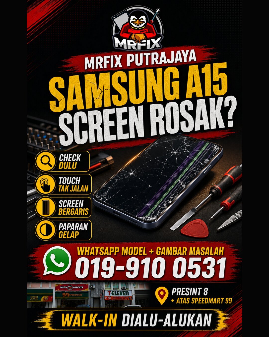 Poster Samsung A15 touch tak jalan Putrajaya untuk pemeriksaan di MRFIX