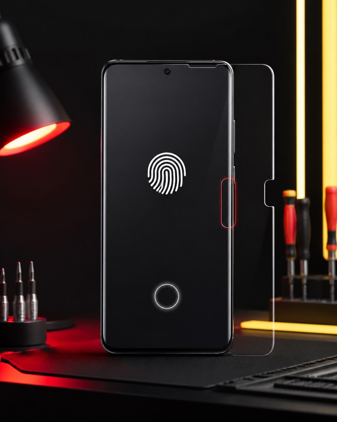Illustration of an Android-style phone fingerprint sensor and screen protector prepared for diagnosis