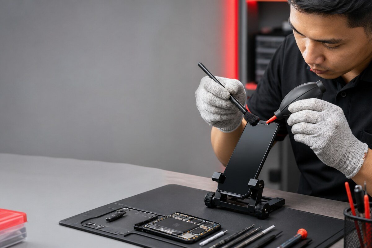 Controlled proximity-sensor inspection at the top of a phone