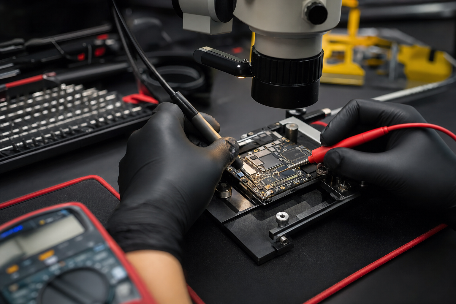Smartphone motherboard undergoing precision diagnostic inspection in Putrajaya