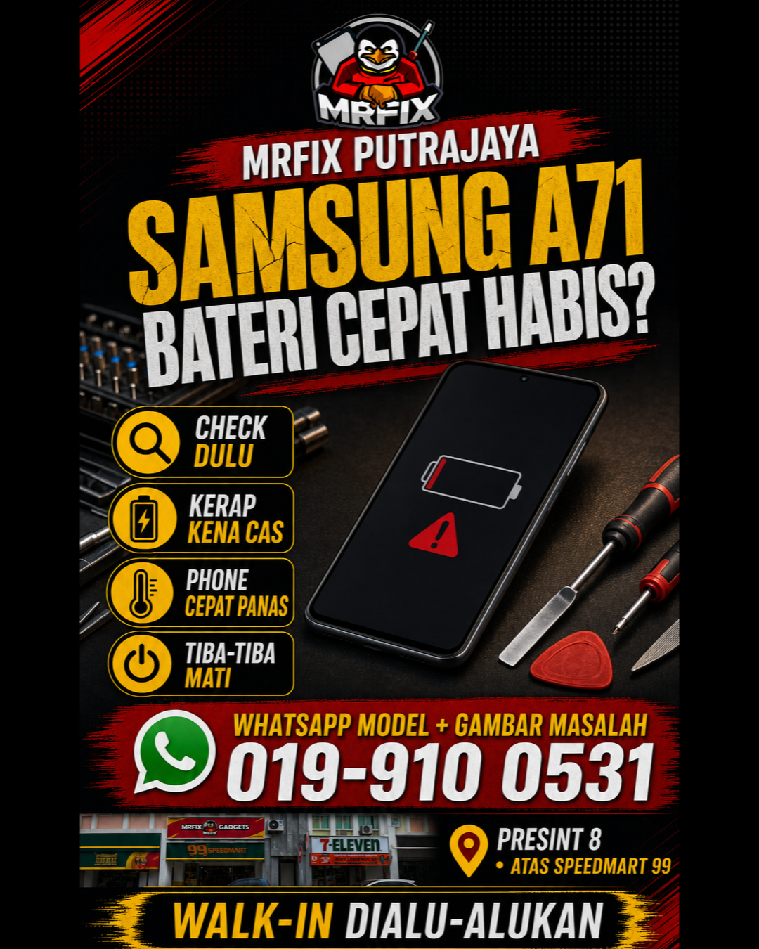 Poster Samsung A71 bateri cepat drop untuk pemeriksaan di Putrajaya