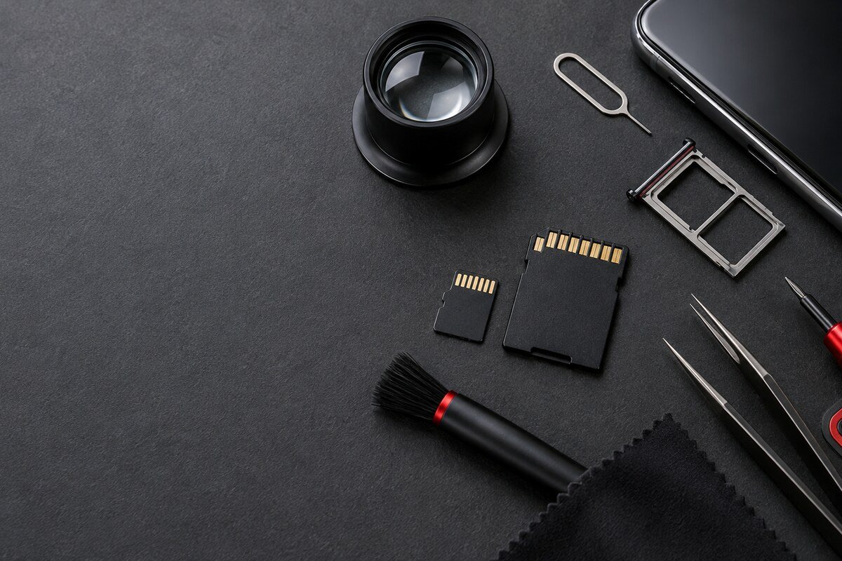 Kad microSD tray dan telefon dibandingkan sebelum diagnosis