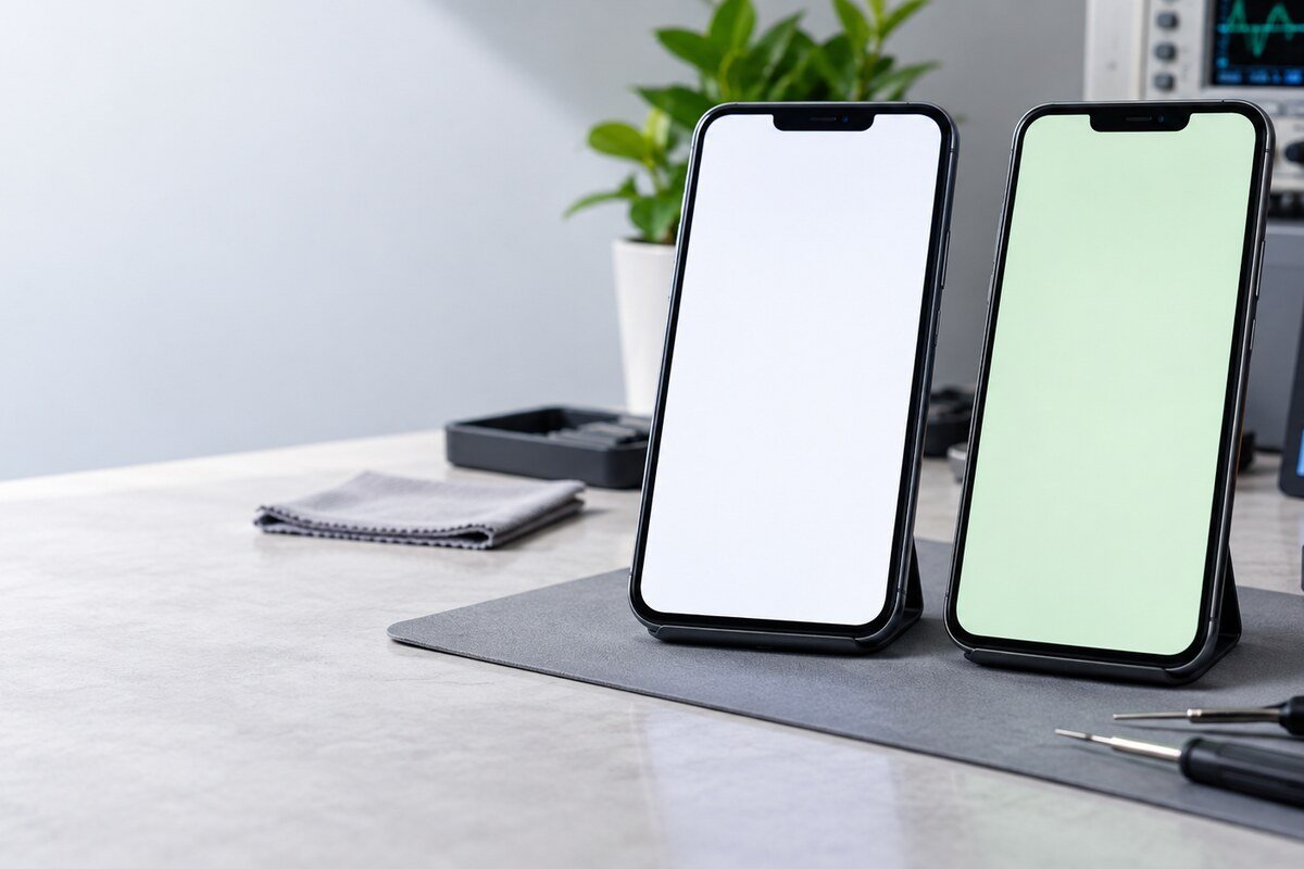 Two phone screens compared for neutral white and green tint